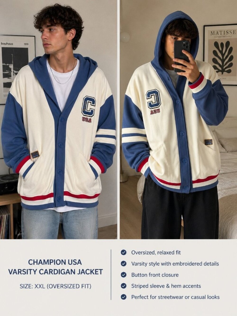 Champion USA Varsity Cardigan Jacket XXL Blue White Oversized Preppy Unisex WL80